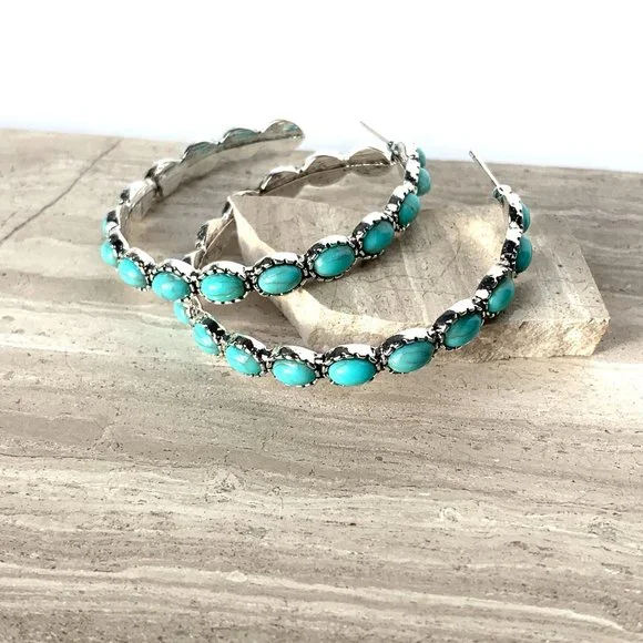 NEW ~ Free People Turquoise Stone "Buckaroo Hoops" Silver Earrings - Picture 10 of 16